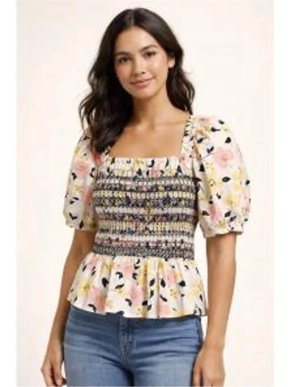 Kate Spade Lilly Blooms Puff Sleeve Peplum Top - Pink & Yellow